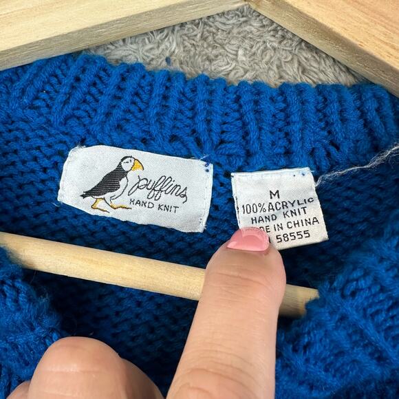 Vintage Puffins Hand Knit Novelty Sweater Geese Stripe Blue Green Girls M Medium - Picture 4 of 5